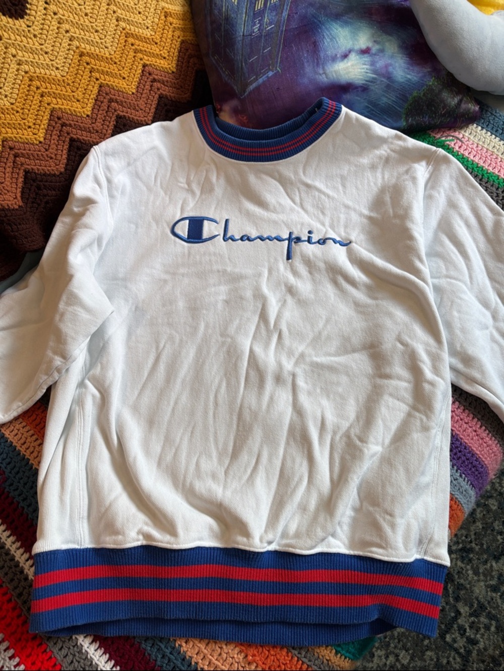 Champion White Crewneck with Blue and Red Stripe Trim